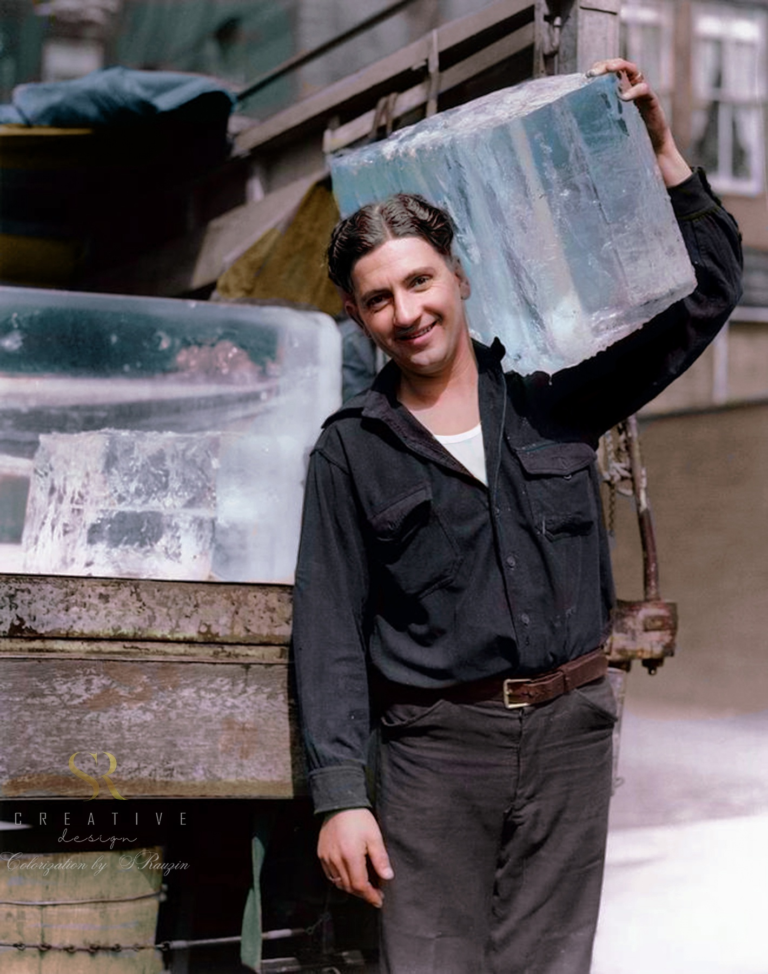 1930s-ice-delivery-man-carrying-large-block-of-ice-on-shoulder-Colour-by-Sergey-Rauzin