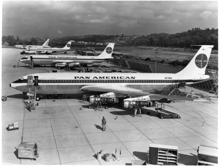 1957-a-production-version-of-the-Boeing-707-flew-for-the-first-time-Here-are-Boeing-707-121s-on-the-Boeing-factory-flight-line-awaiting-delivery-to-Pan-Am-in-1958